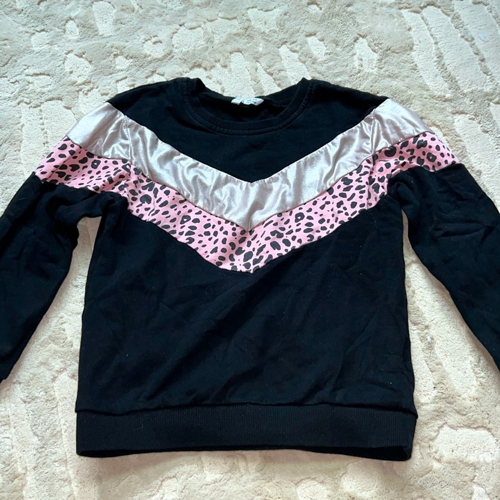 SHEIN Girls Chevron Color Block Sweatshirt 10 Black, Leopard Pink, Gold